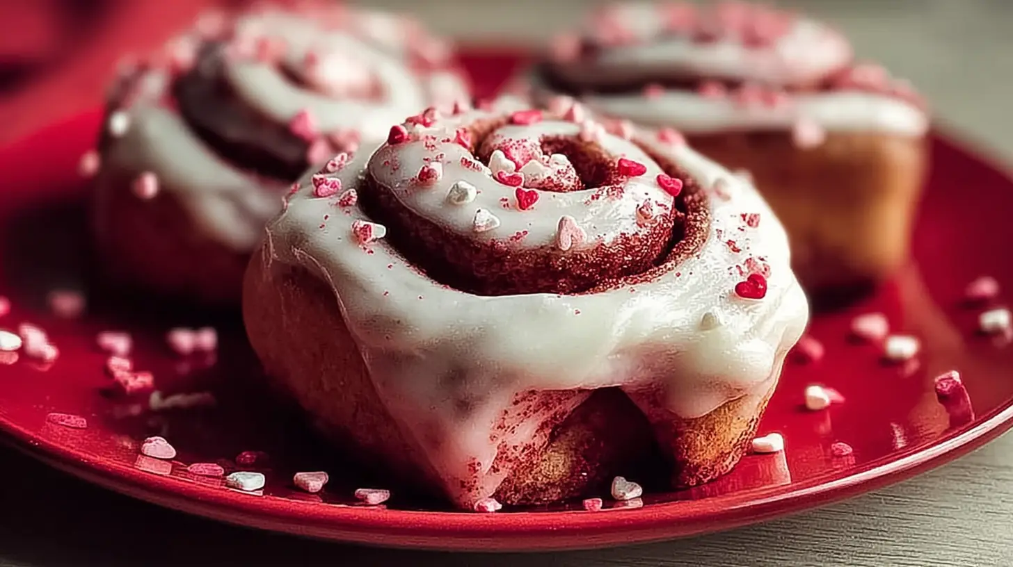 Plush red velvet Valentine's Day cinnamon rolls with cream cheese frosting