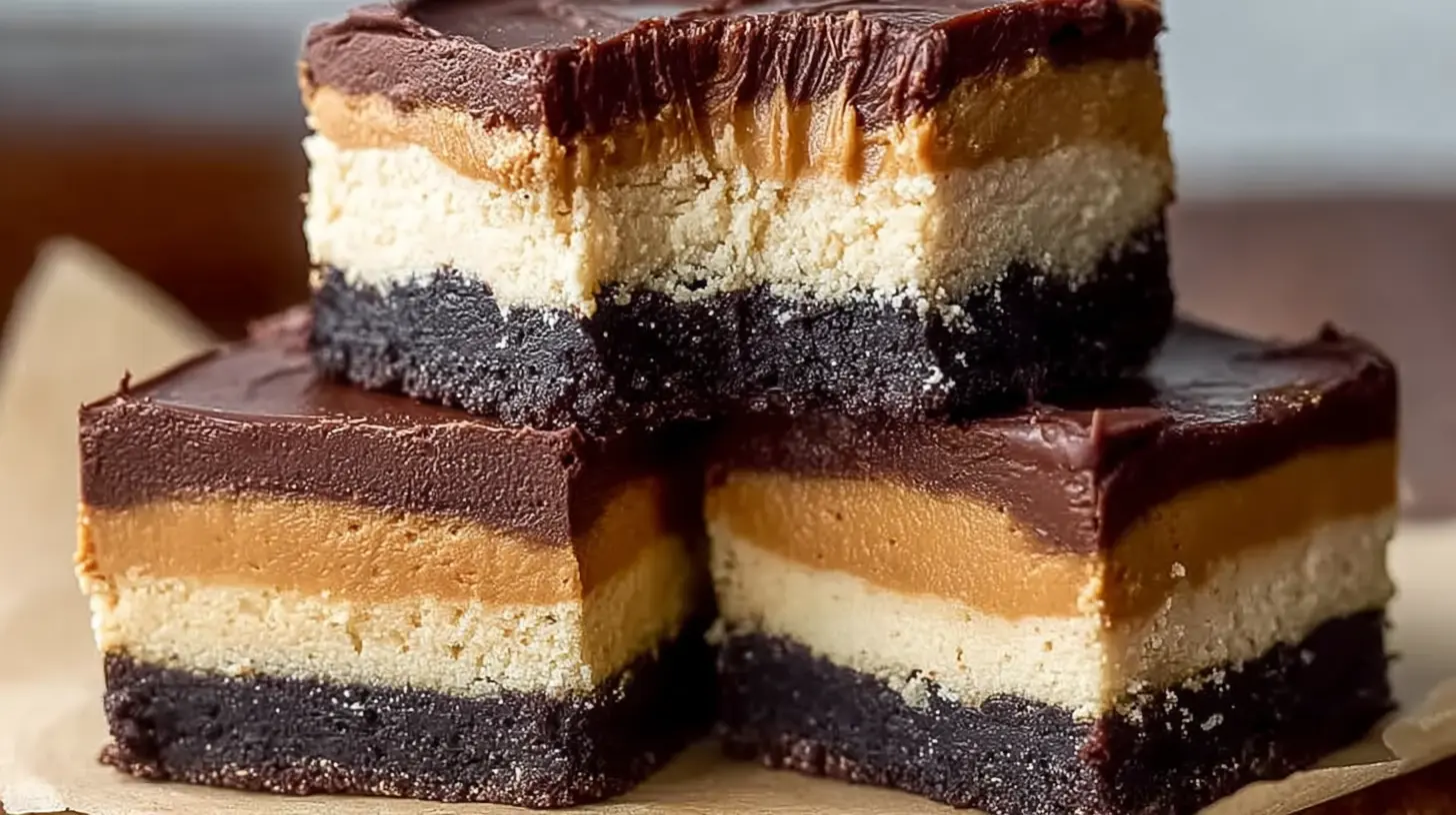 Decadent peanut butter cheesecake bars topped with chocolate drizzle.