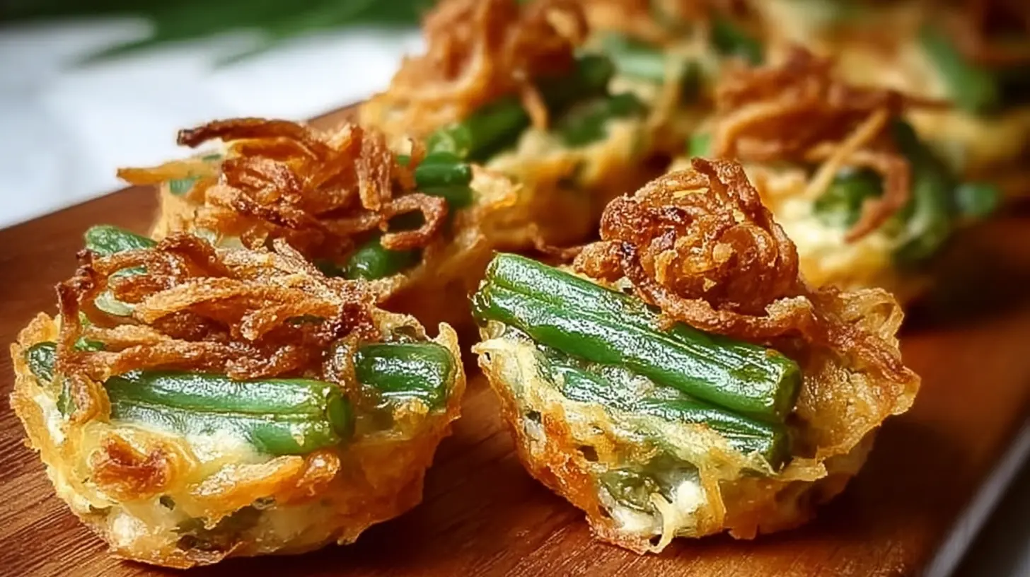 Various mini green bean casserole bites arranged for a party