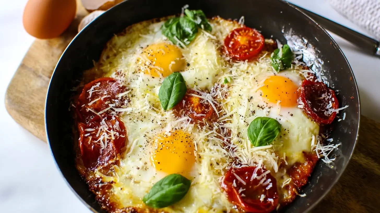 A close-up of savory pizza eggs with melted cheese and herbs.