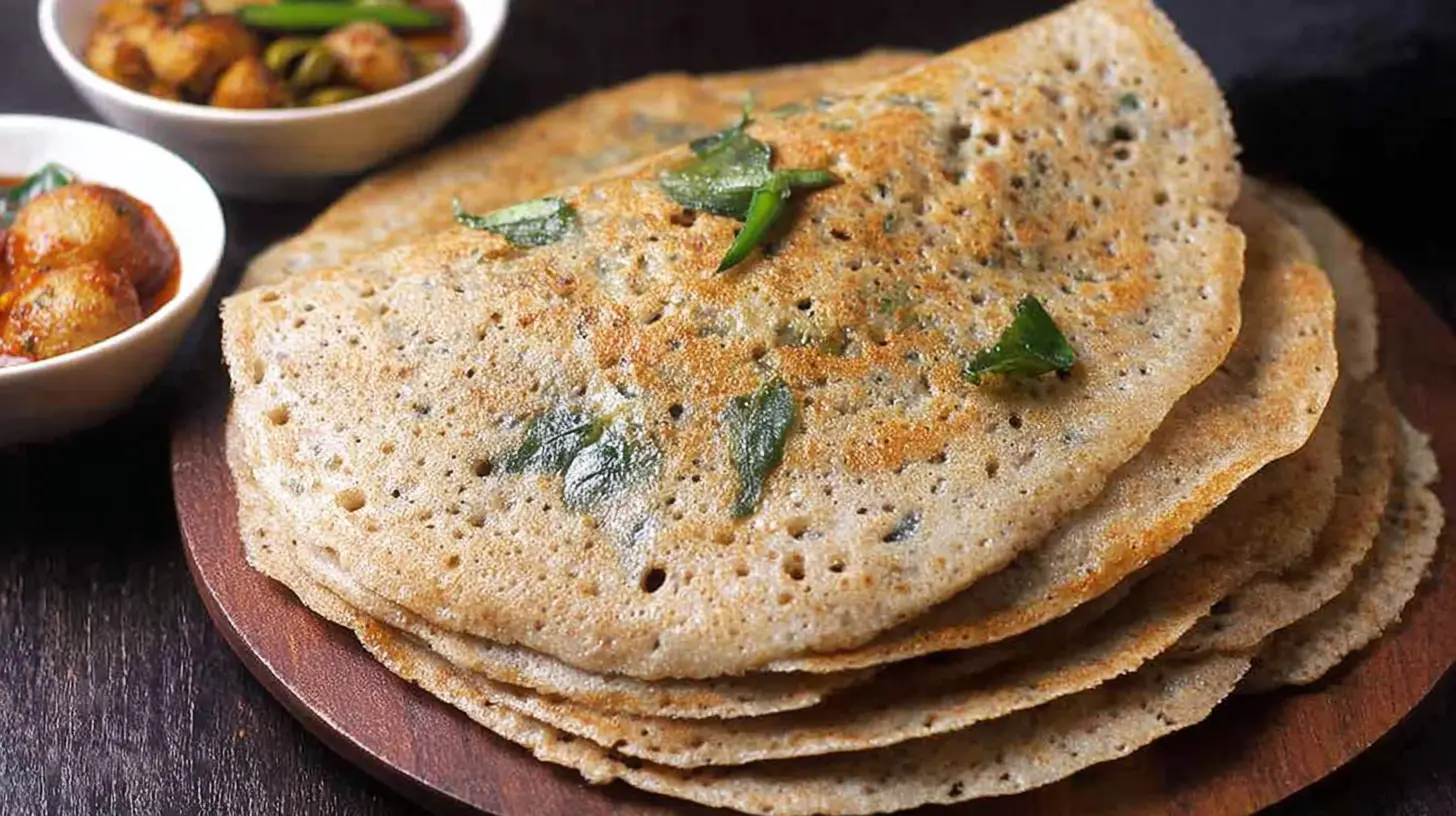 A freshly made wheat dosa, golden brown and perfectly cooked, on a white plate.