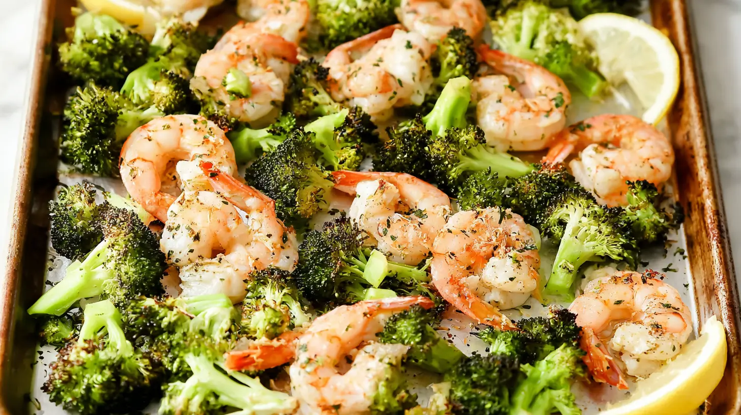 Sheet pan with garlic butter shrimp and broccoli for a quick dinner