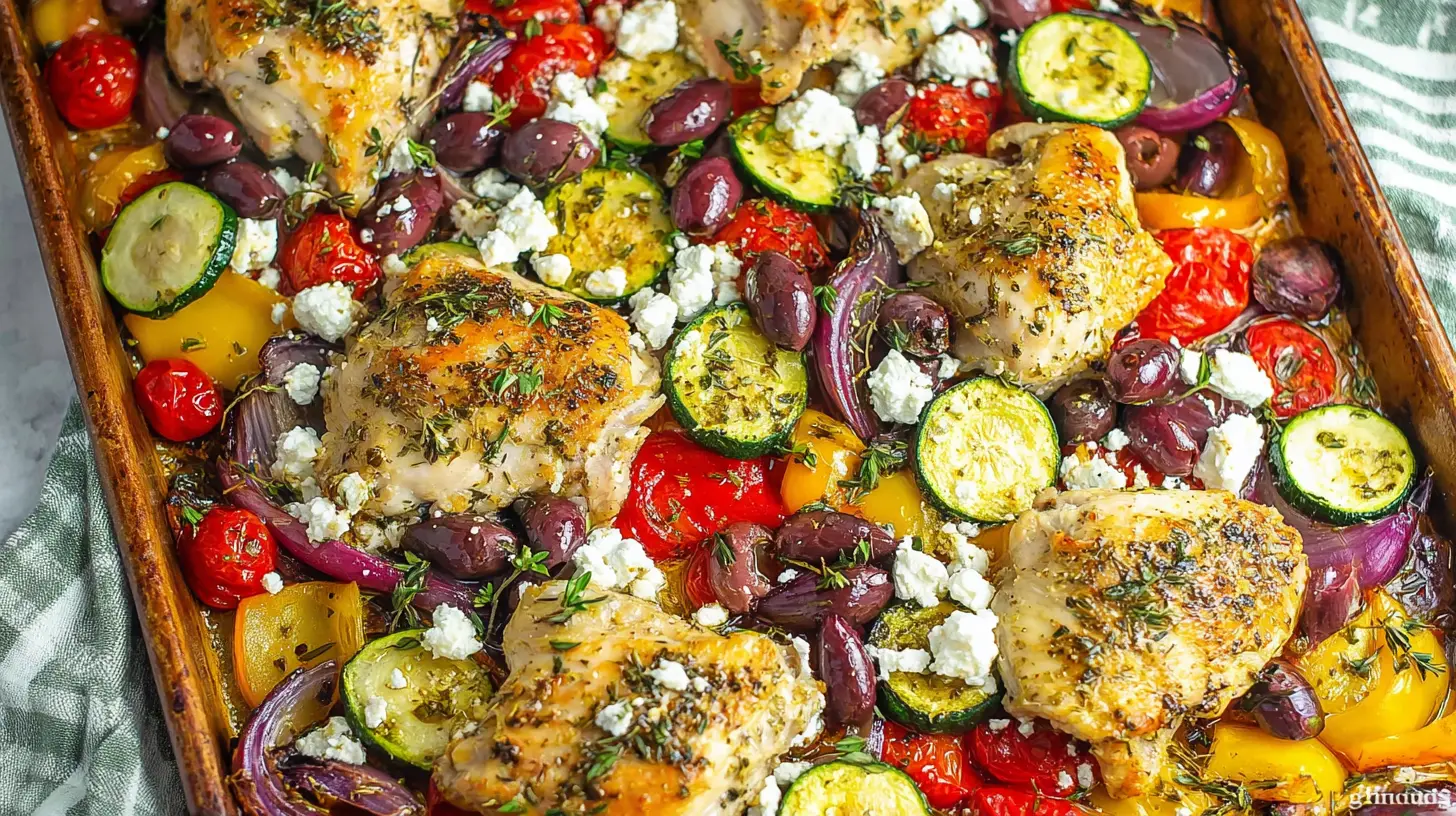 A sheet pan filled with Mediterranean chicken, colorful vegetables, olives, and feta, seasoned with oregano