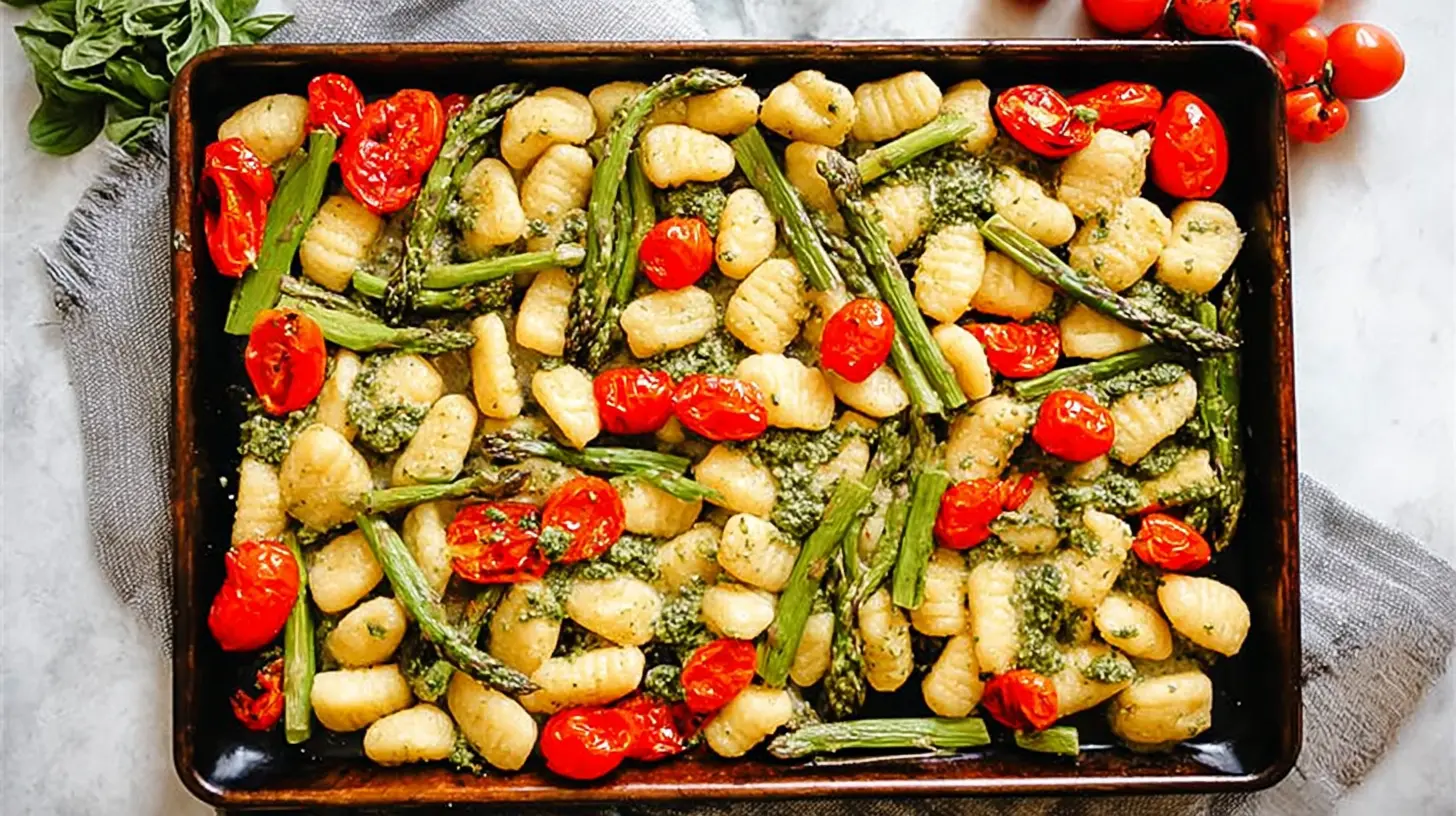 Sheet pan pesto gnocchi with crispy edges and spring vegetables