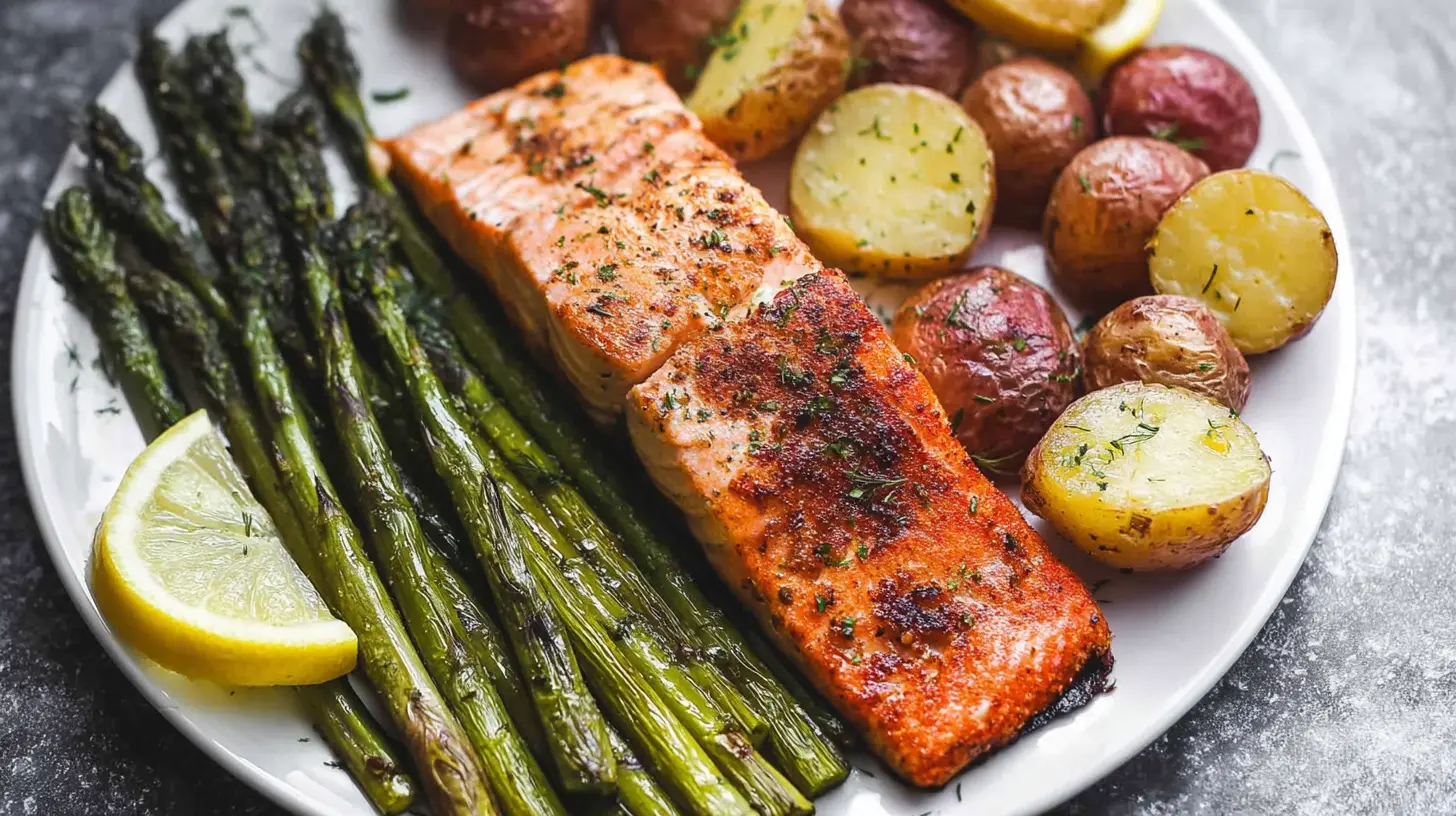 Sheet pan salmon with asparagus and potatoes, perfectly roasted together.