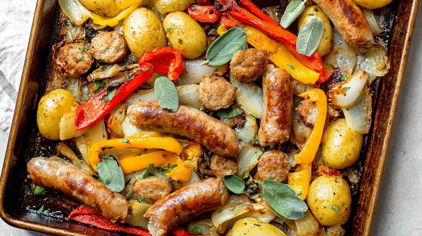 A simple sheet pan meal featuring sausage, peppers, and baby potatoes baked to perfection.