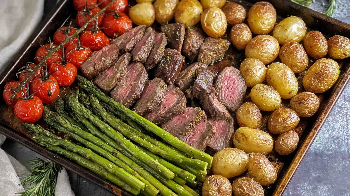 Sheet pan steak bites and asparagus roasted to perfection