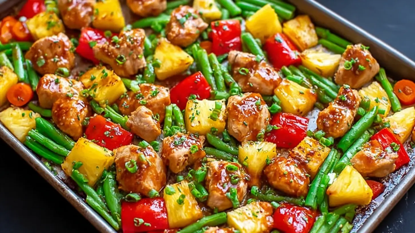 A colorful sheet pan teriyaki chicken and pineapple dish, freshly baked.