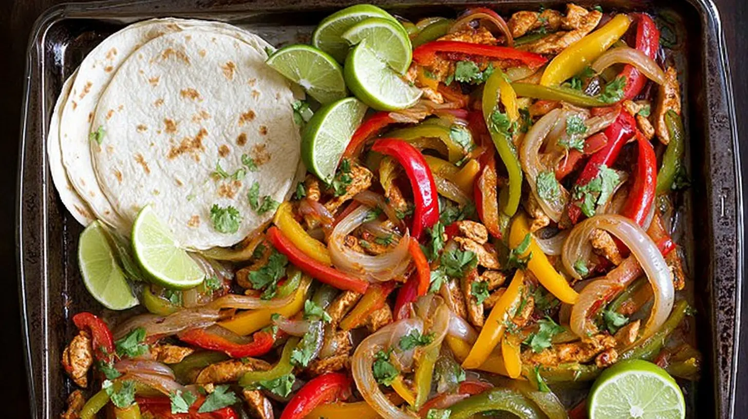 Sheet pan veggie fajitas with colorful peppers and onions, ready to be served in tortillas.