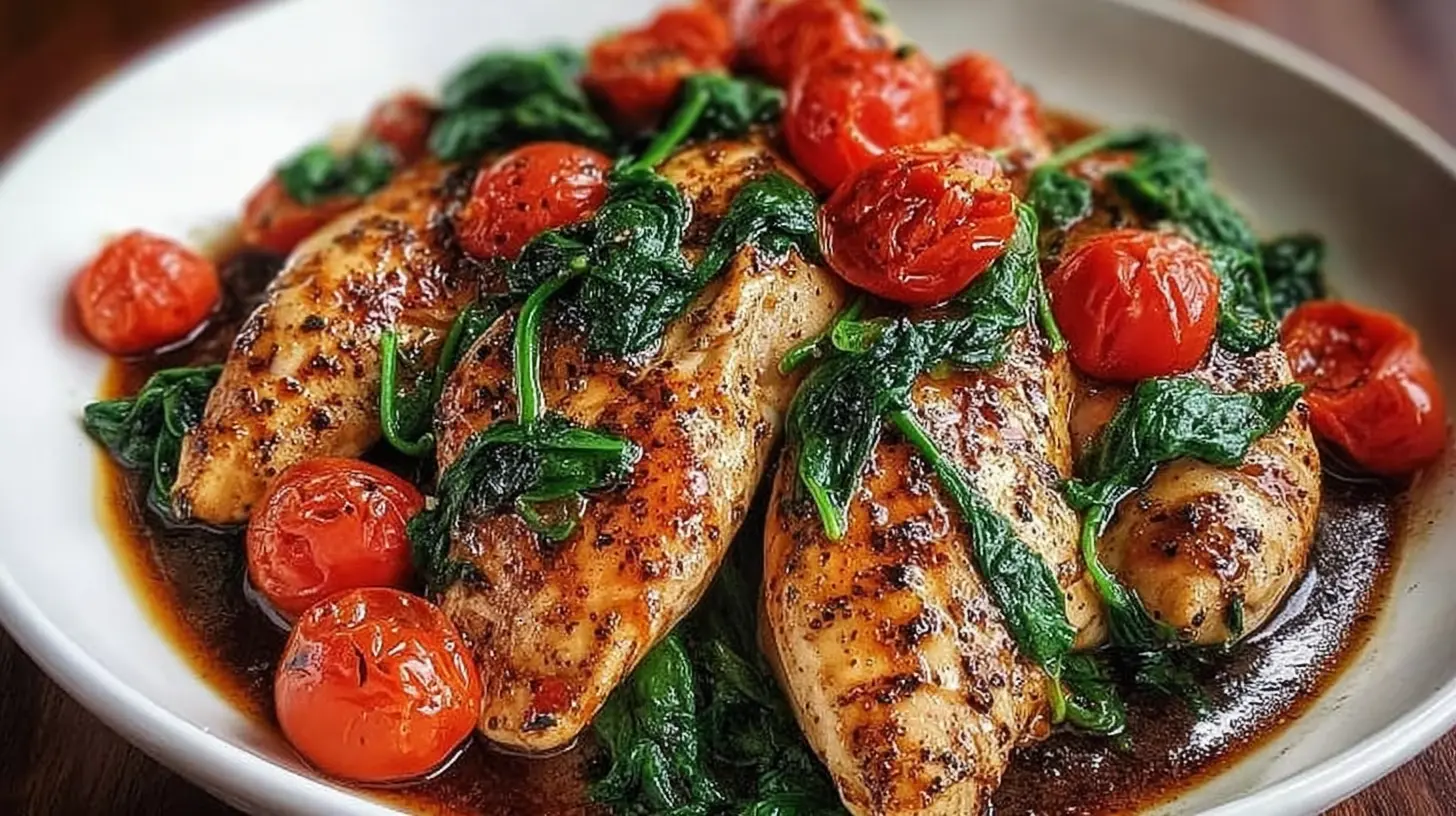 Balsamic garlic chicken with tomatoes and spinach cooking in a single skillet