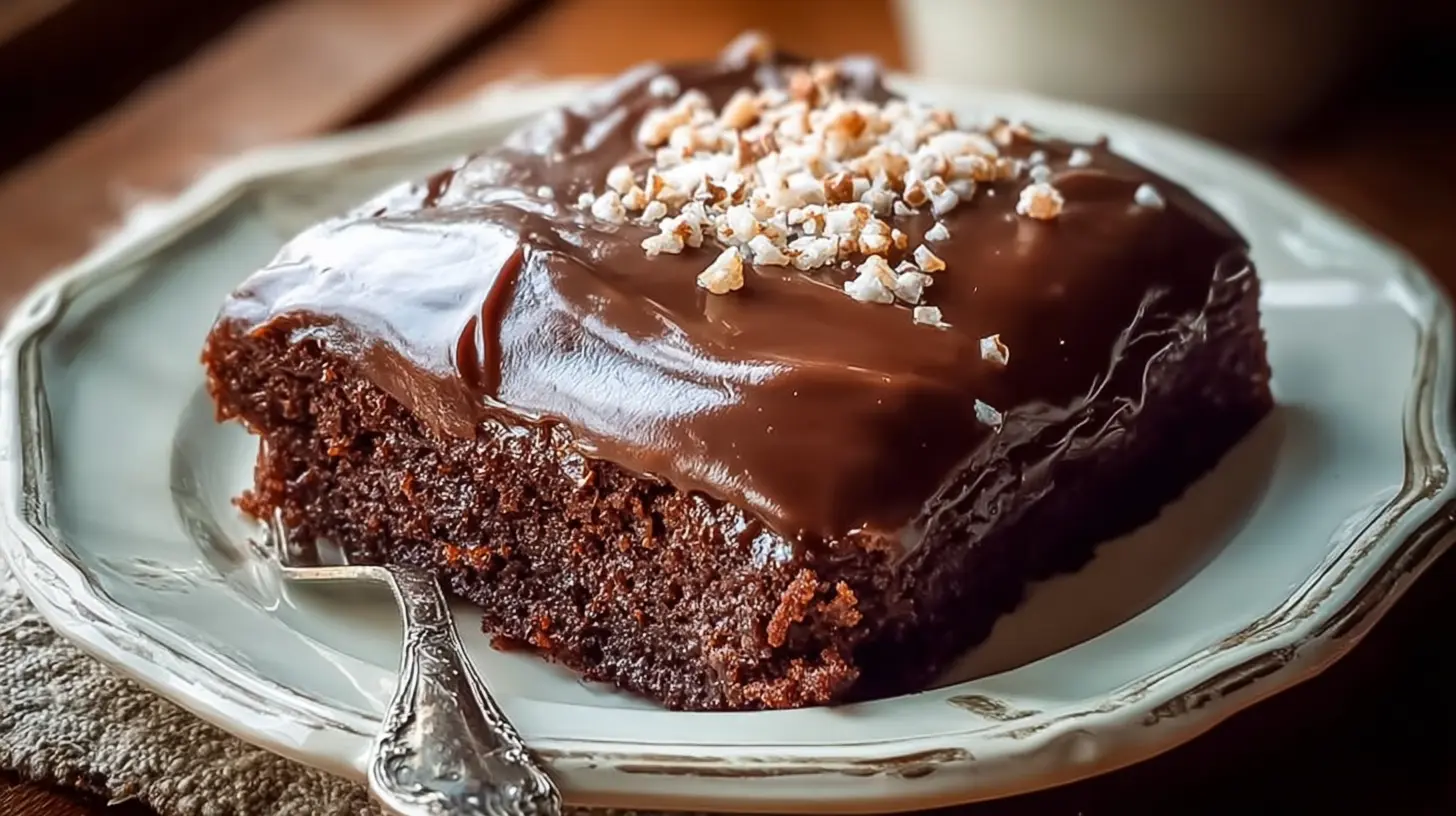 Delicious Southern Texas Sheet Cake topped with a smooth chocolate glaze.
