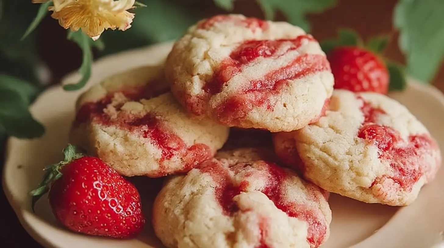 A close-up of a strawberry cheesecake cookie with a creamy filling and fresh strawberry pieces.