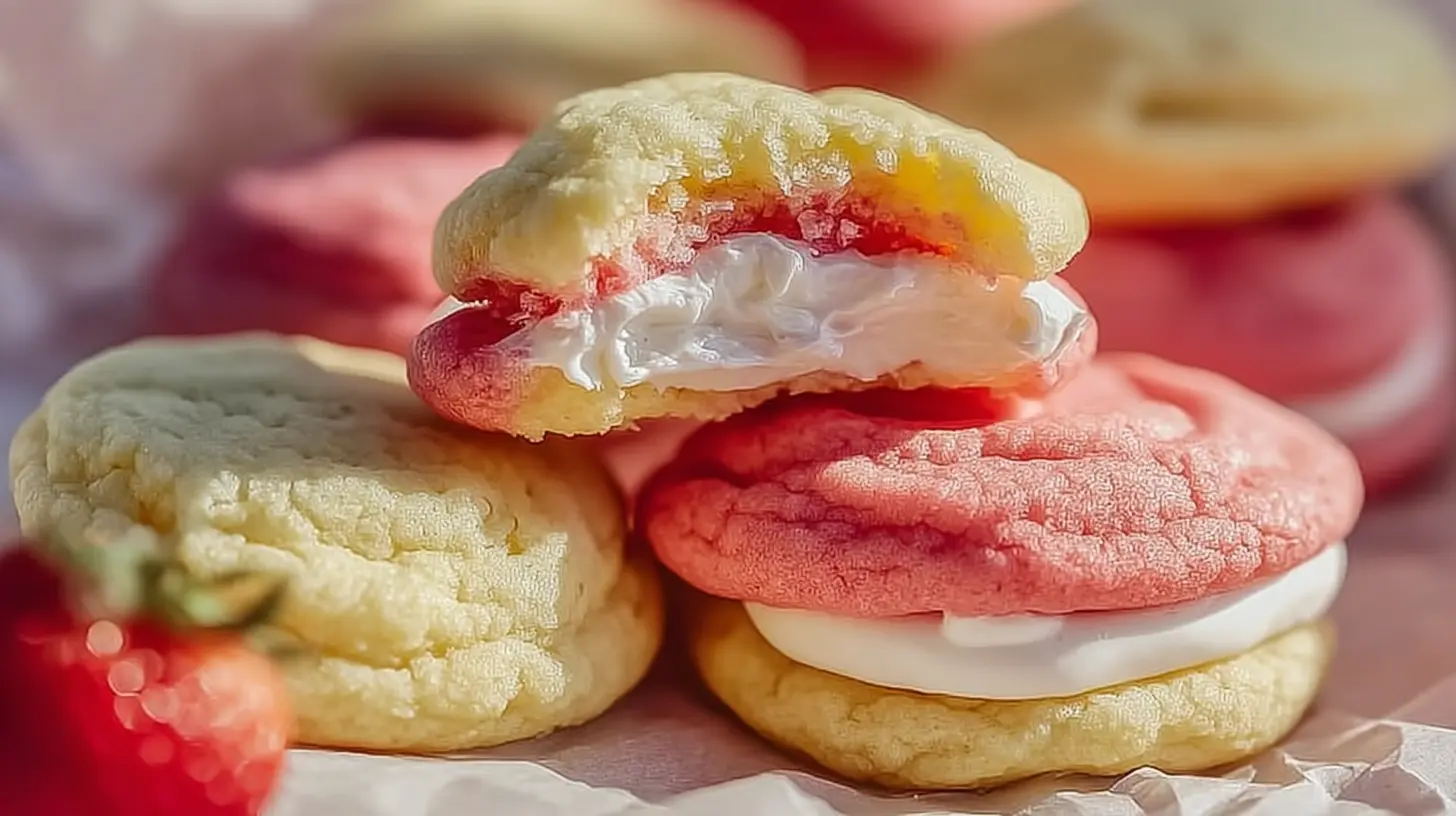Delicious strawberry cheesecake cookies on a cooling rack.