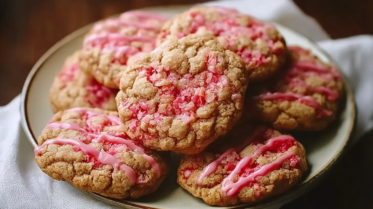 A plate of freshly baked strawberry crunch cookies, showcasing their vibrant pink color and textured topping.