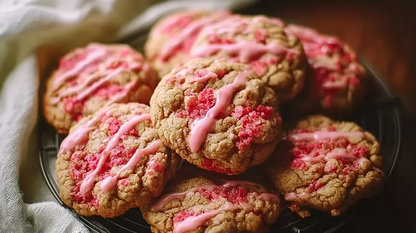 Several strawberry crunch cookies arranged on a white background, highlighting their sweet, crumbly coating.