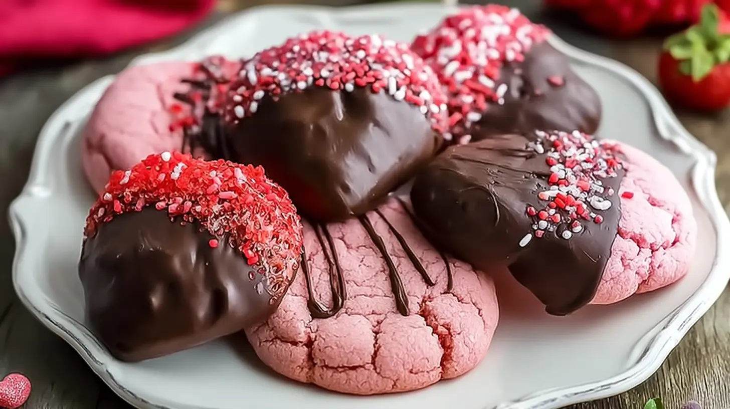 Delicious Valentine’s chocolate covered strawberry cookies arranged on a tray