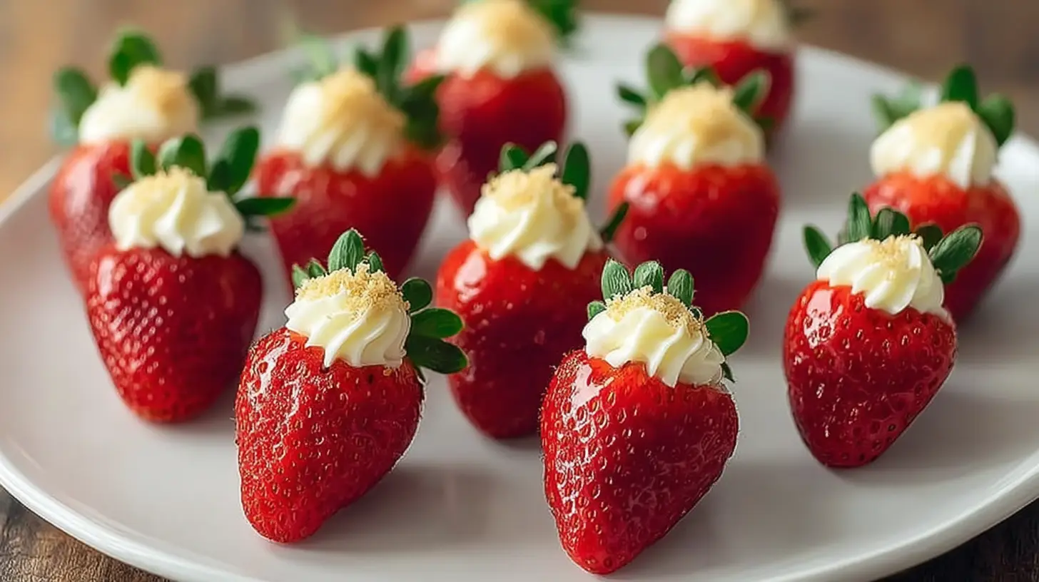 A plate of delicious deviled strawberries, beautifully garnished