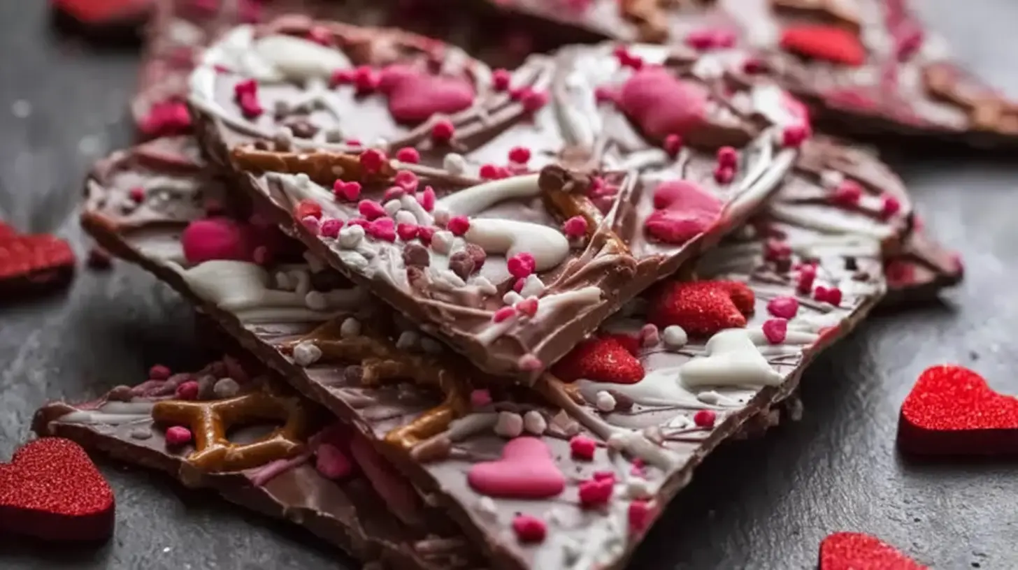 Valentine's Day chocolate bark topped with festive sprinkles and candies