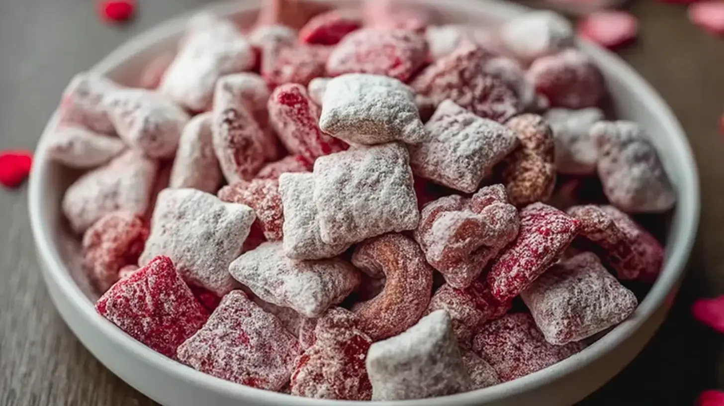 A close-up of Valentine's Day Muddy Buddies with red, pink, and white elements