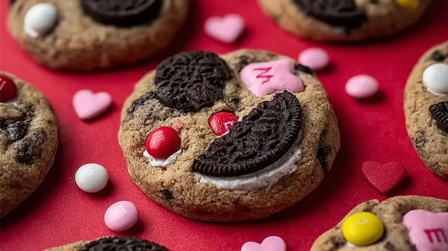 A plate of Valentine’s Day Oreo M&M’s cookies, sprinkled with festive candies