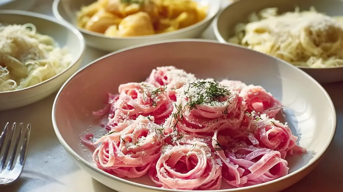 A table set with Valentine’s dinner pasta dishes, ready for a romantic meal.
