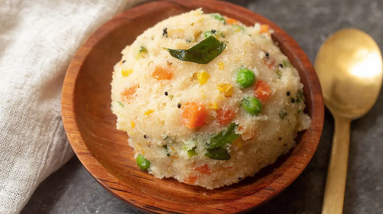 A bowl of freshly cooked vegetable upma, rich with colorful veggies