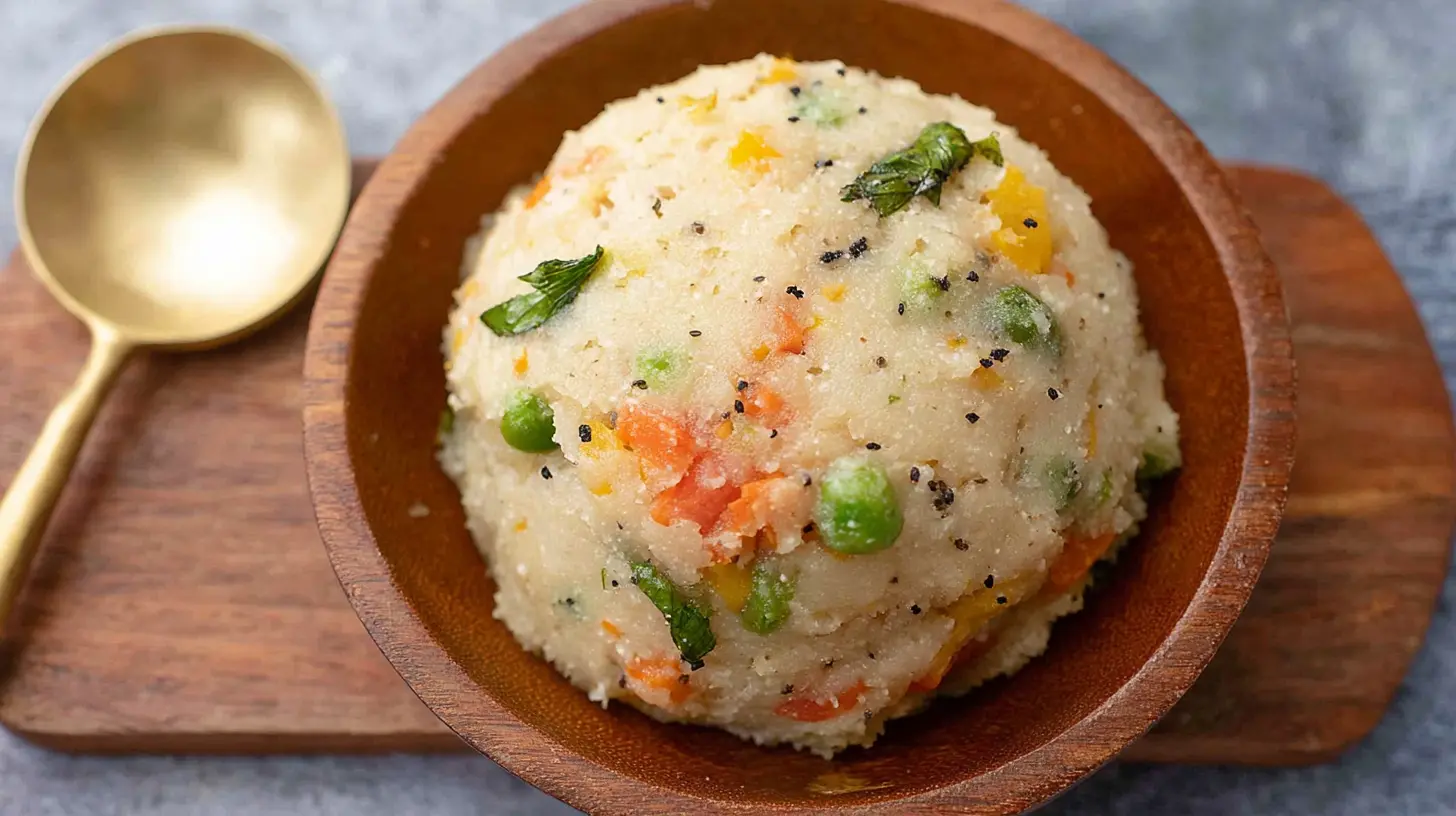 Warm and inviting vegetable upma garnished with fresh herbs