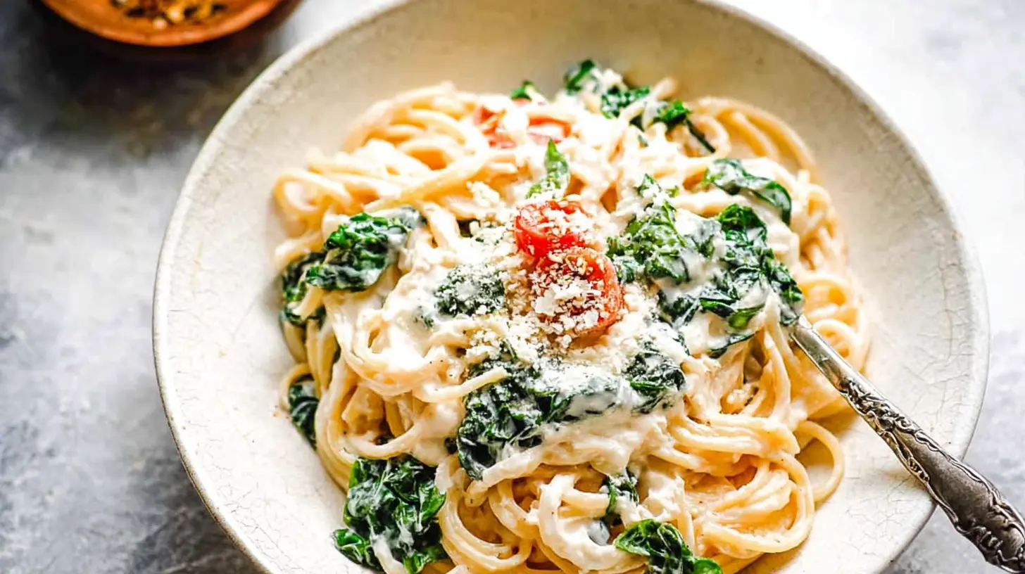A bowl of 20-minute creamy pasta dinner, ready to eat.
