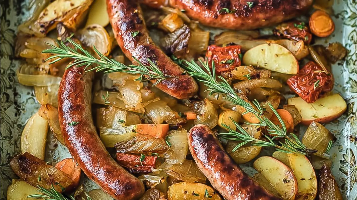 A rustic autumn sausage and apple dinner served in a skillet with herbs.