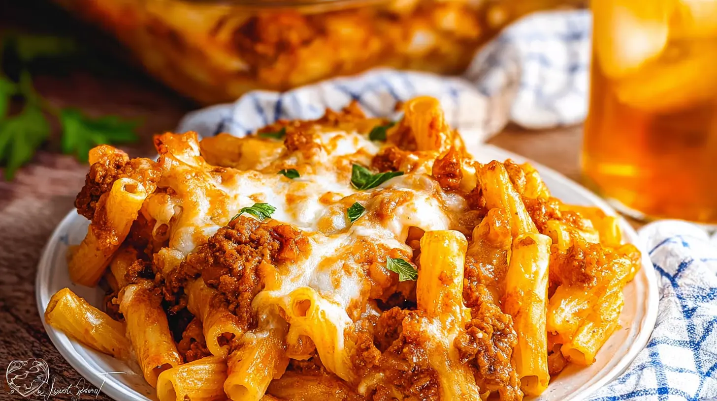 A steaming dish of baked ziti dinner, perfect for busy nights
