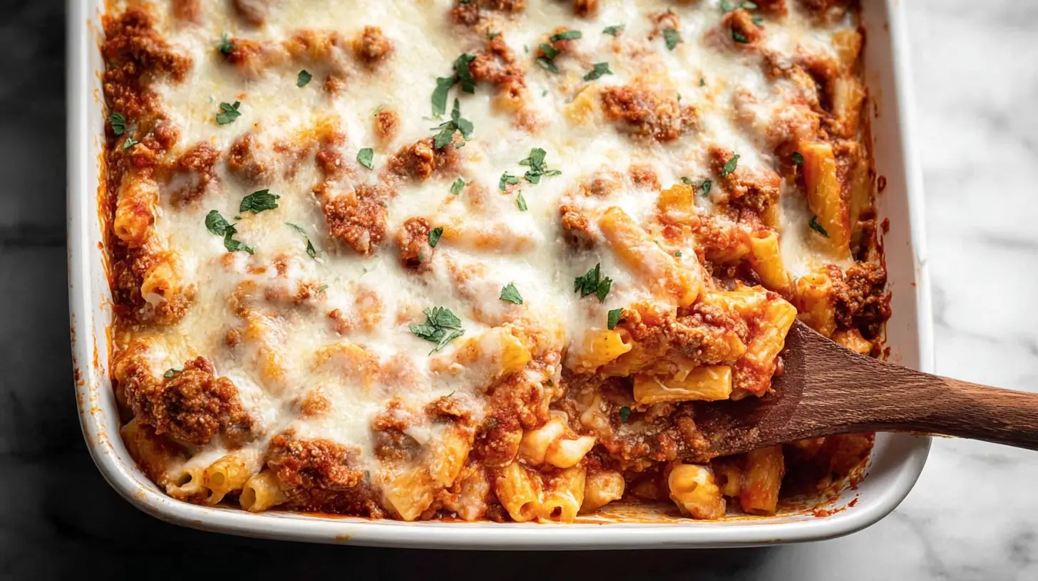 A steaming dish of baked ziti pasta dinner, rich with cheese and sauce.