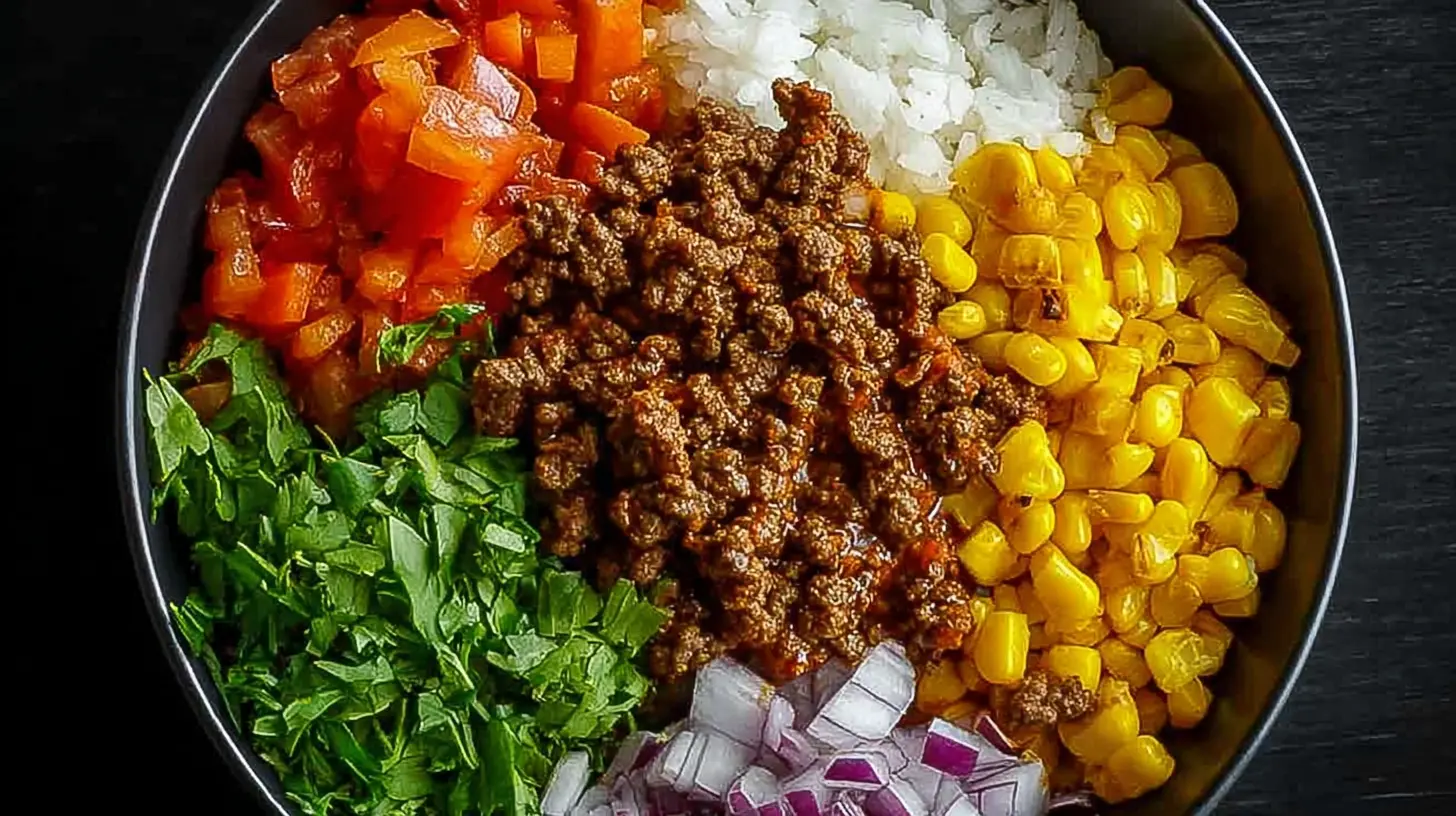A simple and delicious budget ground beef dinner bowl with rice and vegetables