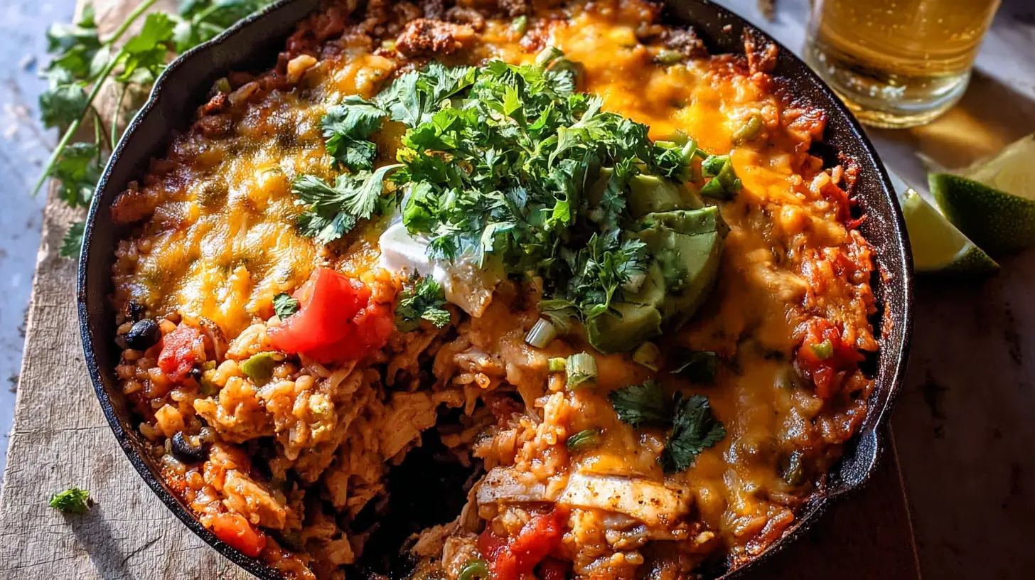 Cheesy dump-and-bake salsa chicken rice casserole, fresh from the oven and ready to serve.