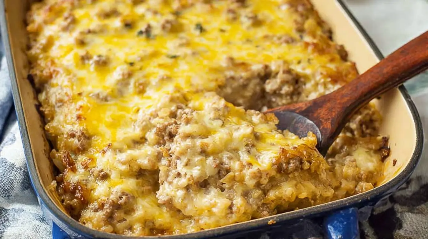 A bubbling cheesy ground beef casserole fresh from the oven, topped with golden cheese.
