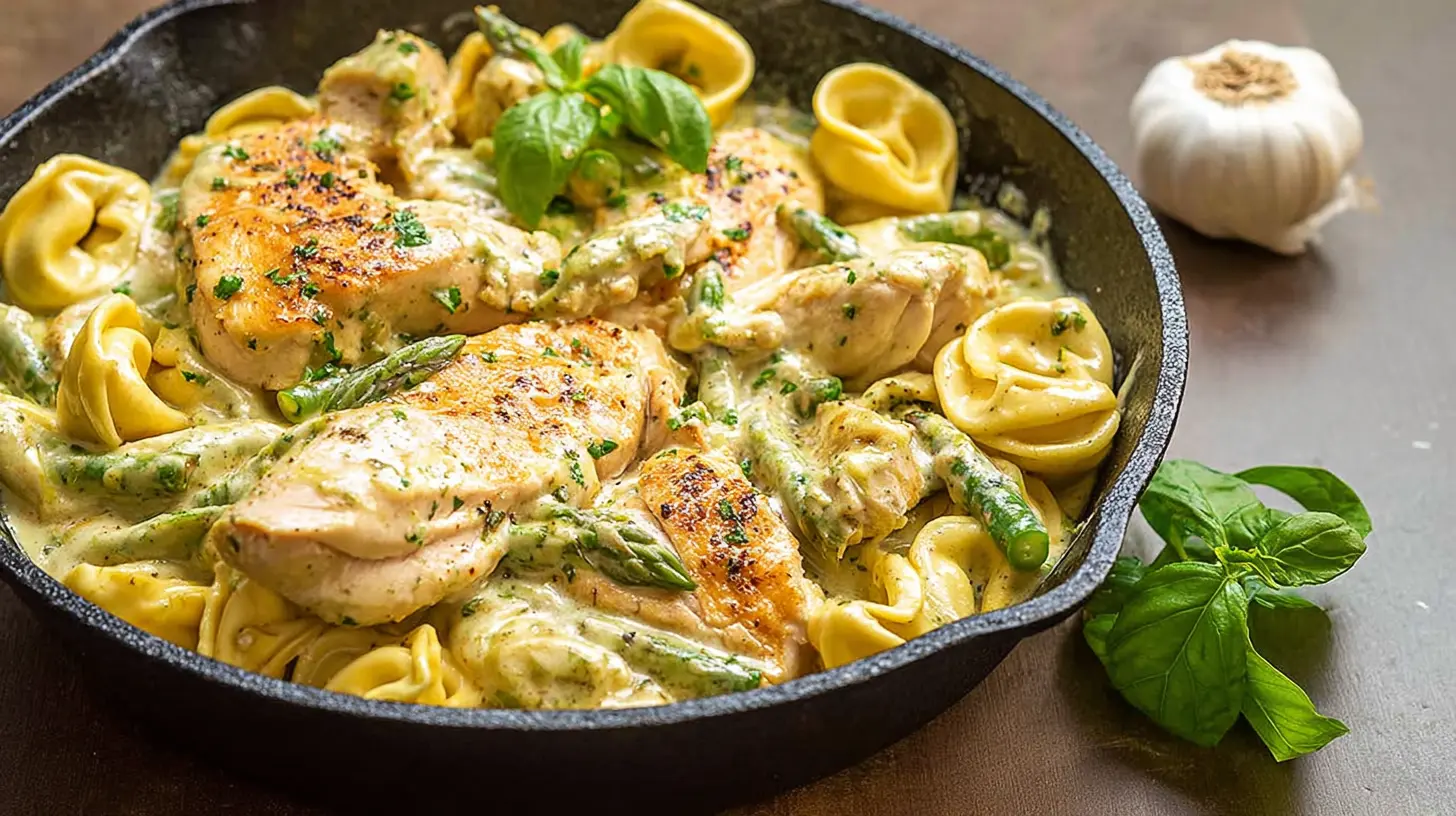 A vibrant chicken pesto tortellini skillet showcasing a high-protein pasta meal.