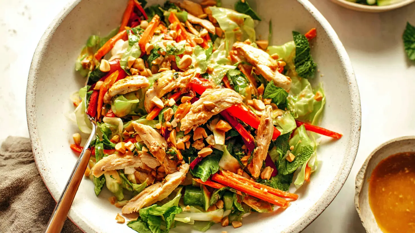 A vibrant Chicken Thai Crunch Salad with shredded cabbage, fresh herbs, and a peanut-lime dressing.