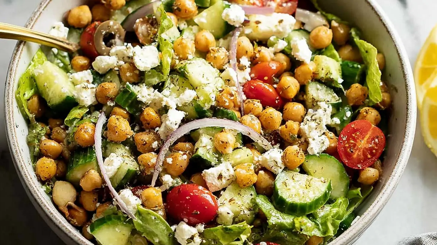 A vibrant Chickpea Greek Salad Bowl with feta, olives, and lemon oregano dressing.
