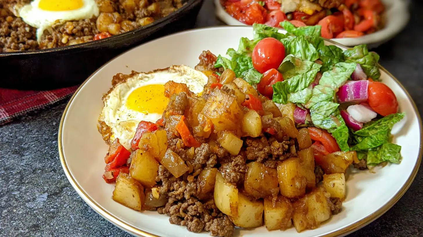 Rustic ground beef hash, pan-fried to perfection with vegetables.