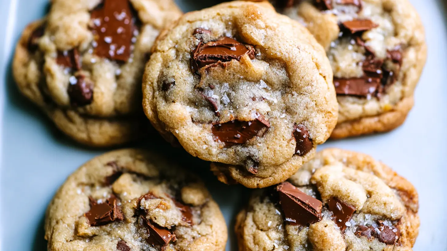 A stack of classic chocolate chip cookies on a cooling rack.