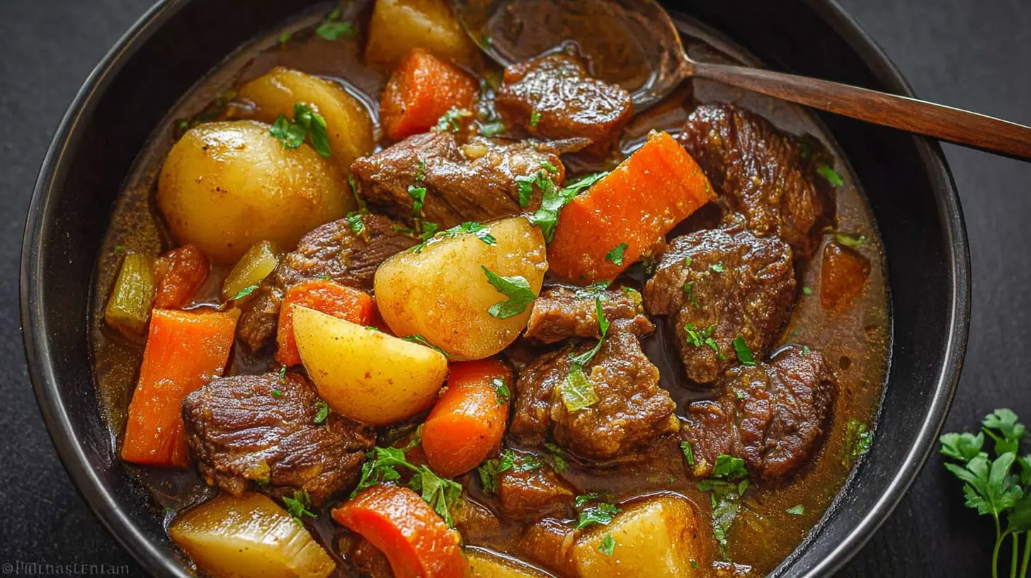 A steaming bowl of classic crockpot beef stew with tender chunks of beef and vegetables.