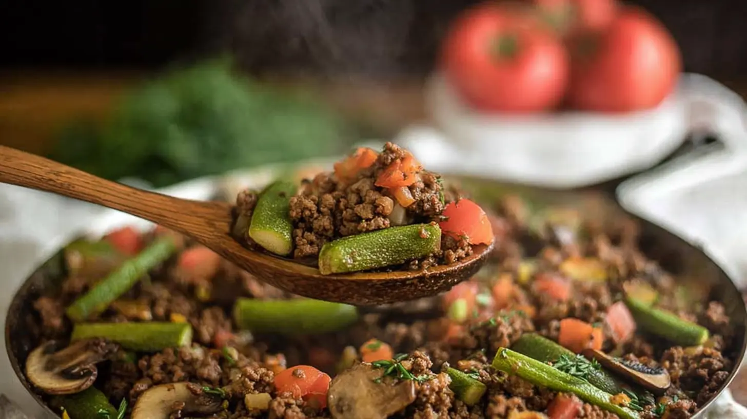 A classic ground beef skillet dinner with vegetables