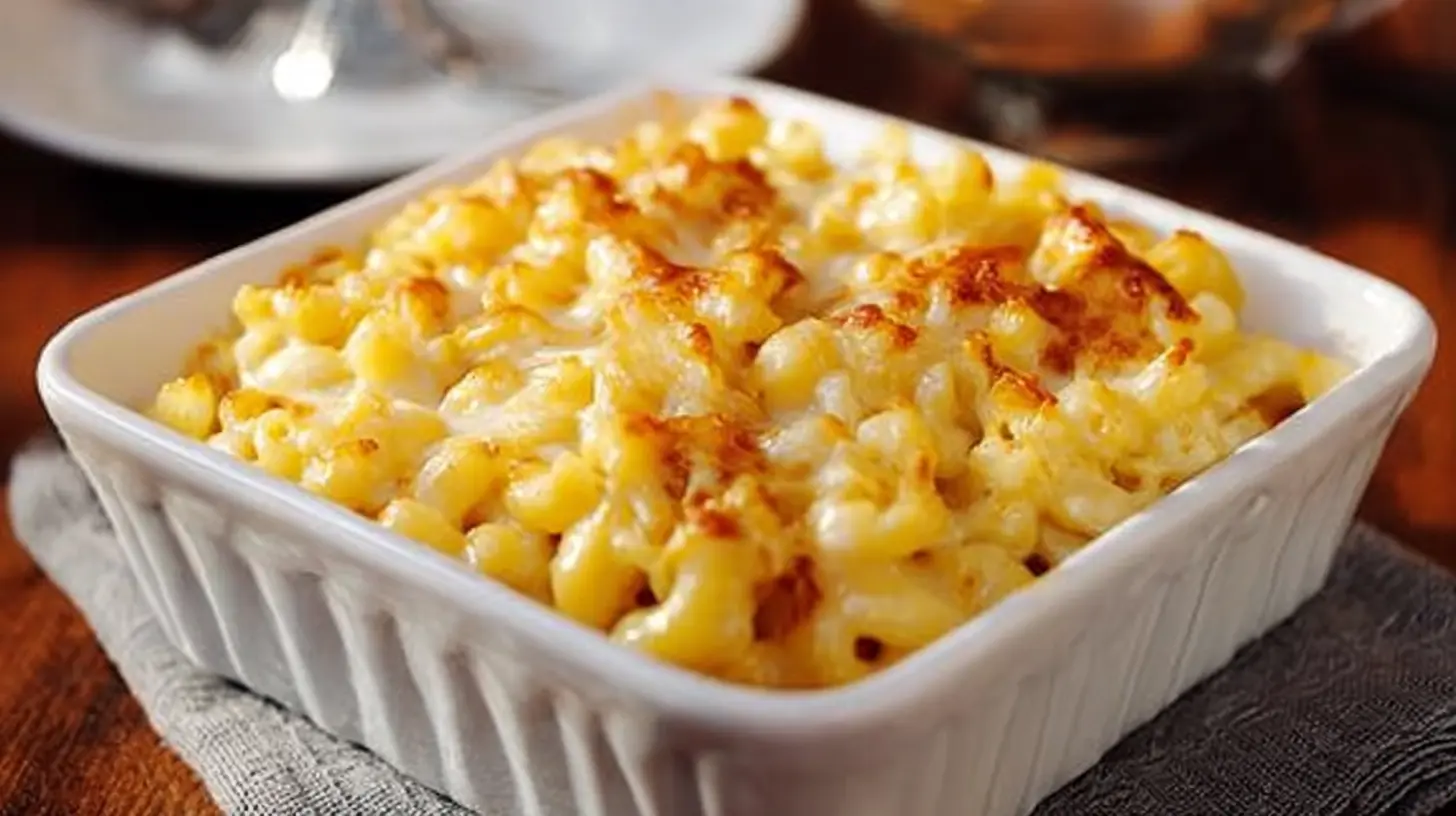A steaming bowl of classic mac and cheese dinner with golden-brown topping