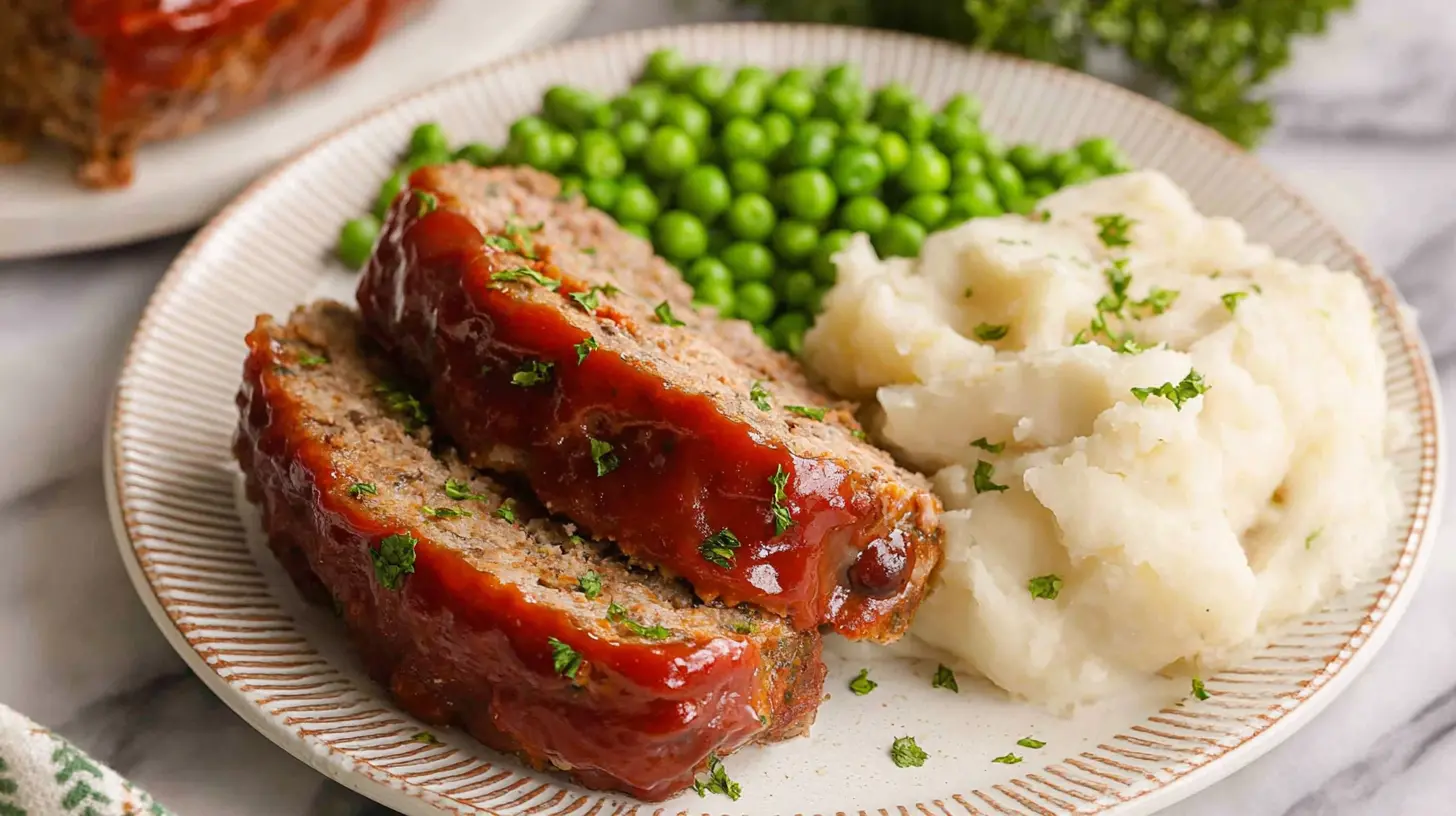 A classic meatloaf dinner served with mashed potatoes and gravy.