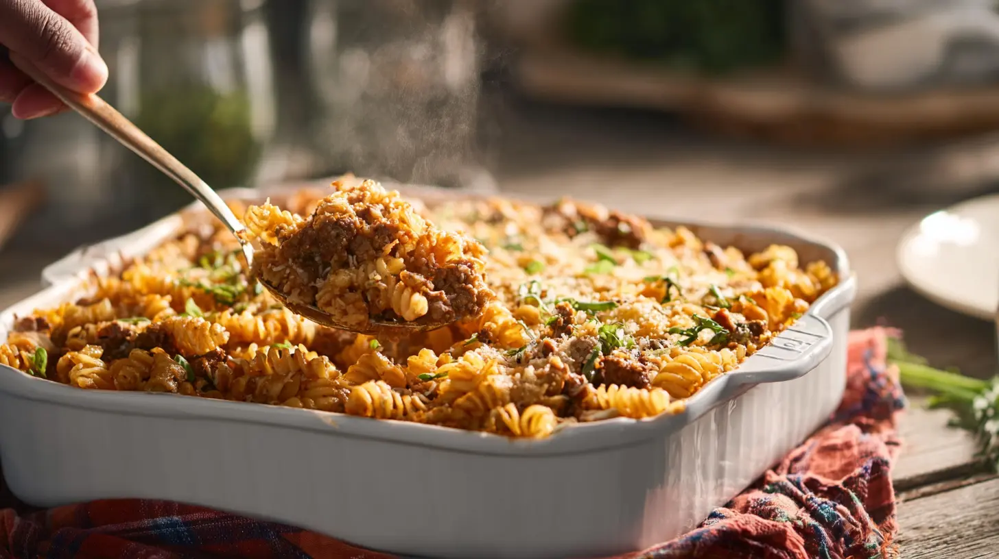 A steaming bowl of cozy winter casserole, perfect for cold evenings.