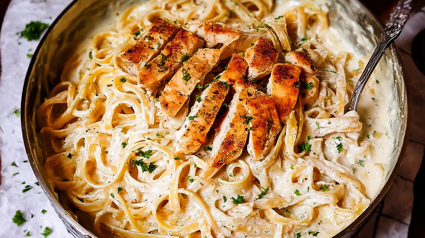 A steaming bowl of creamy chicken alfredo pasta garnished with fresh parsley