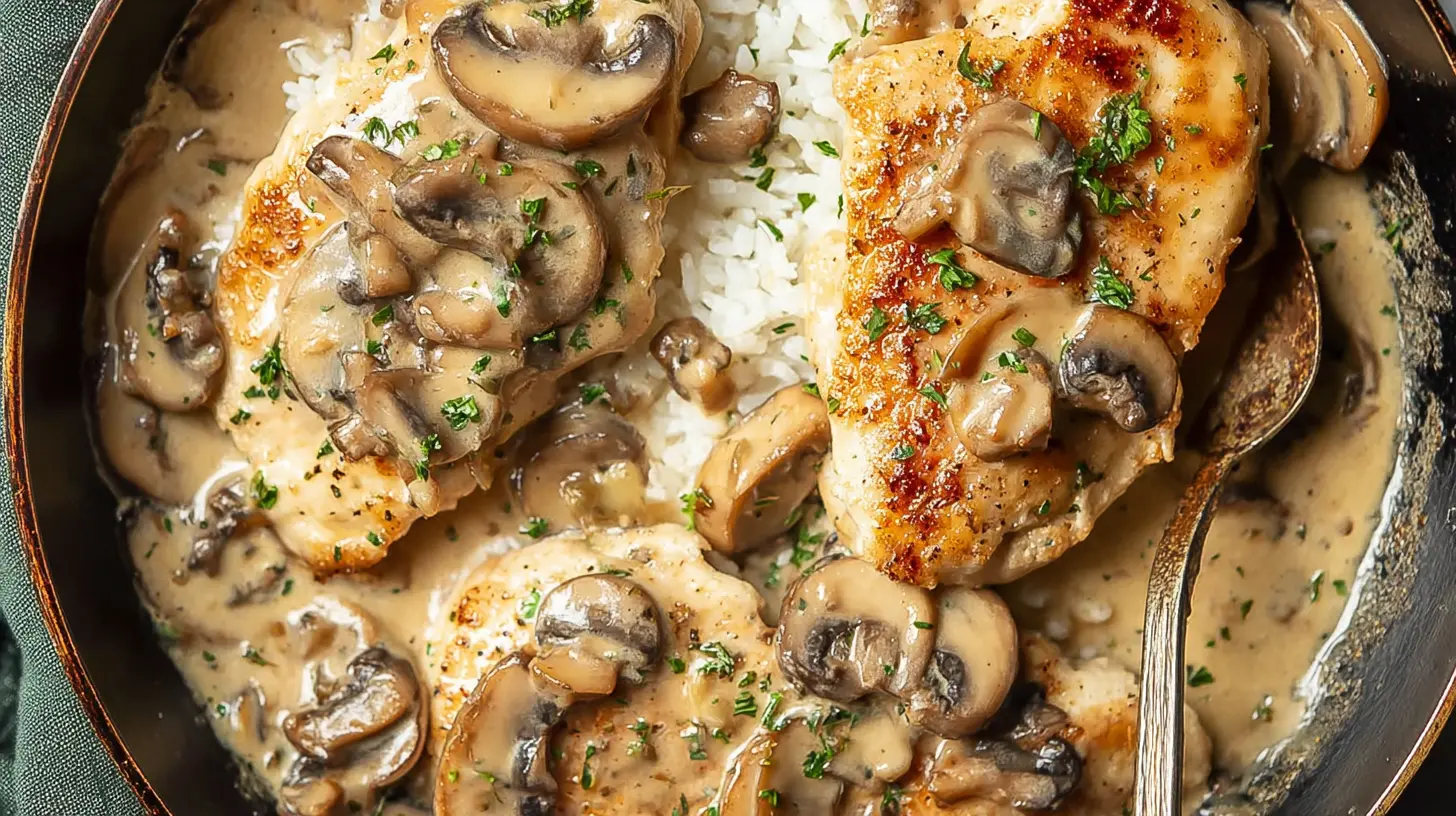 A close-up of a creamy mushroom chicken dinner served in a skillet.