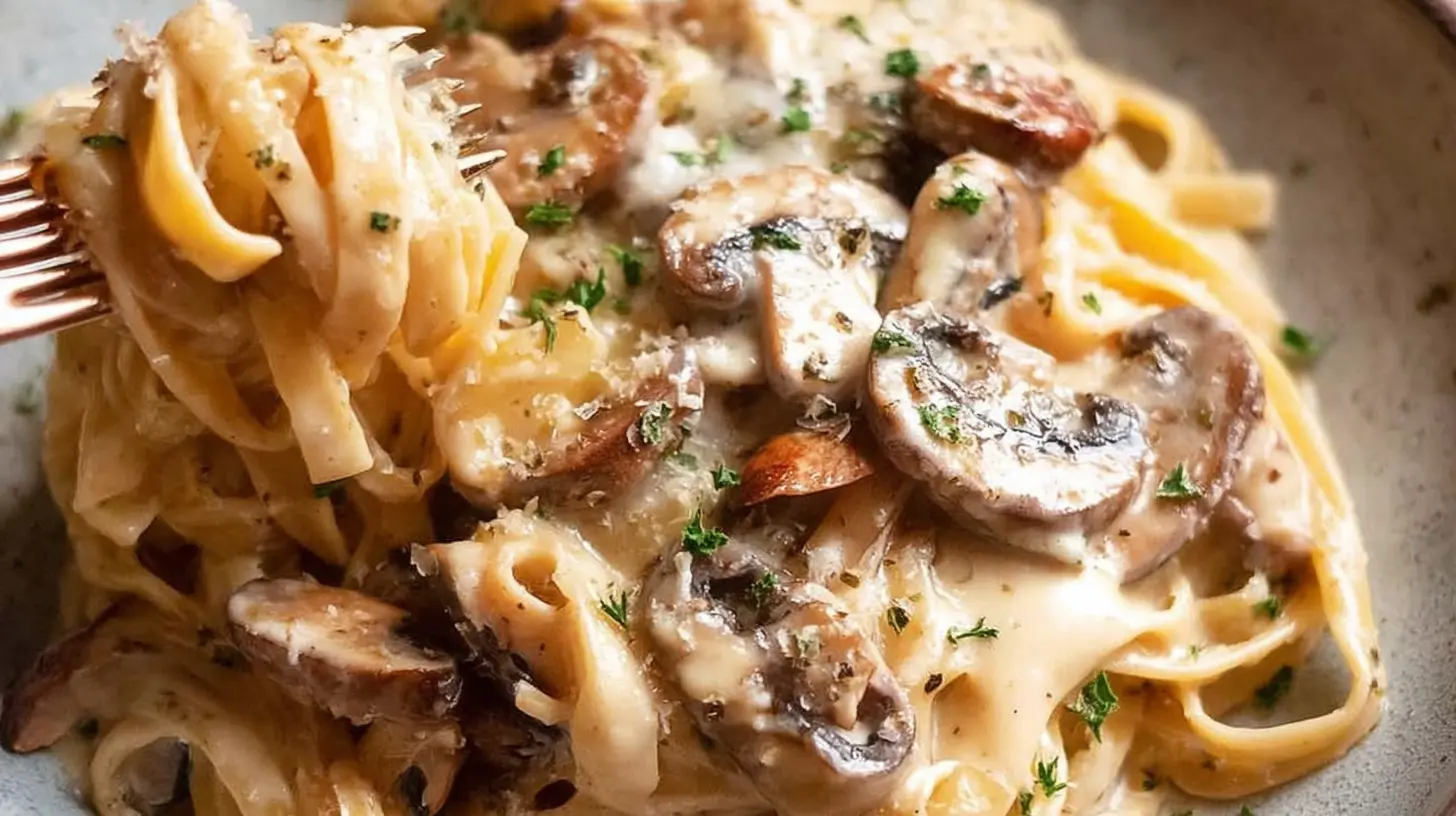 A bowl of creamy mushroom pasta dinner, garnished with fresh herbs