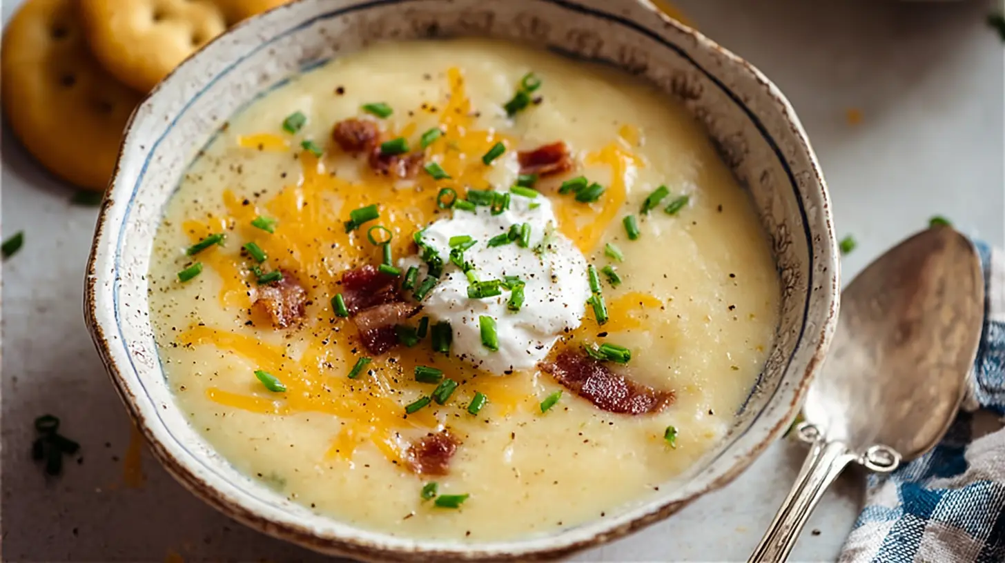 Creamy potato soup cooked slow in a crockpot, ready to serve.