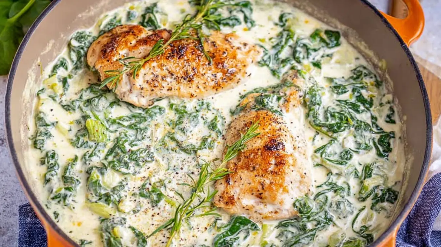 A delicious creamy spinach chicken dinner served in a bowl.