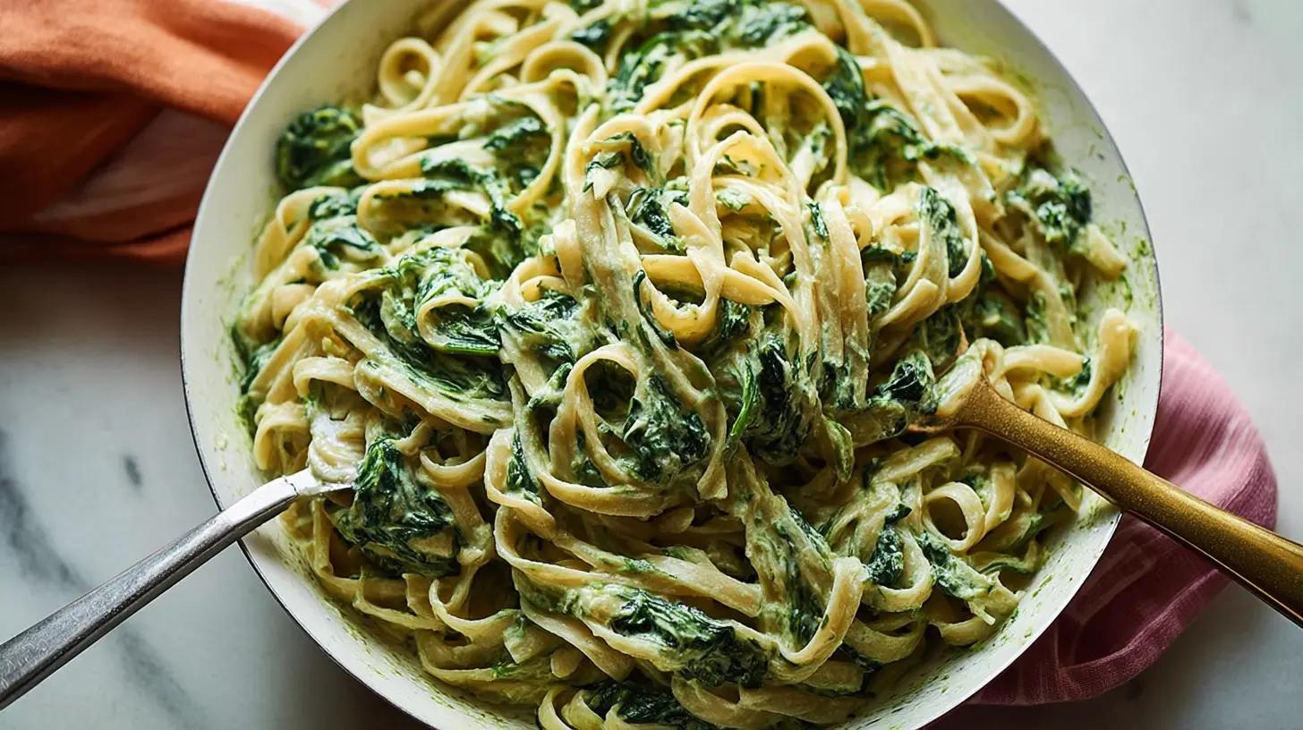 A dish of creamy spinach pasta garnished with fresh herbs.